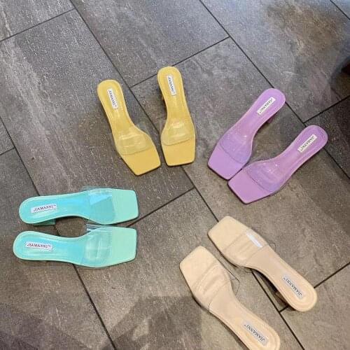 Women Sandals Slippers Transparent Ladies Thick Mid Heels Shoes PVC Transparent Slides Mules Shoes Party Pumps Elegant Slippers