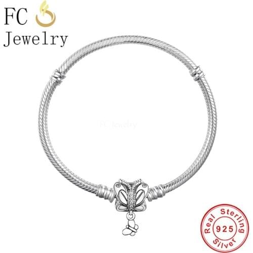 FC Jewelry 925 Sterling Silver Insect Butterfly Clip Bangle Bracelet Fit Charm Bead Snake Chain For Women No Brand Logo Berloque