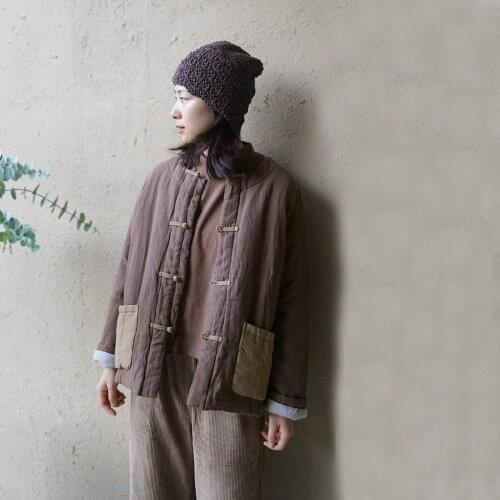 Women Linen Padded Patchwork Coat Outerwear Ladies Spliced Vintage Flax Parkas Female 2019 Winter Coat