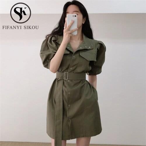 2020 Women Summer Dress Fashion Lapel Short Sleeve High waist Mini Dress Lady Single Breasted Pocket Casual Shirts Dress