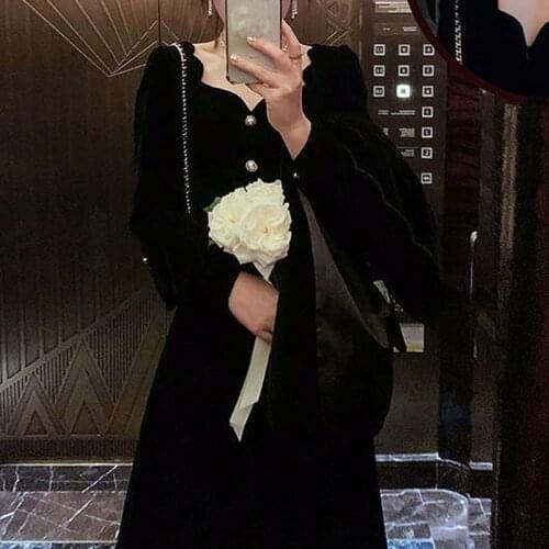 French Vintage Midi Dress Women Fashion Long Sleeve Elegant One Piece Dress Korea 2021 Autumn High Street Velvet Party Dress Y2k