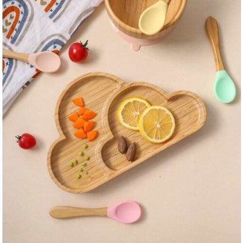 1PC Baby Cloud Shape Plate BPA Free Food Grade Bamboo Wooden Feeding Bowl With Silicone Suction Cup Removable Children‘s Cutlery