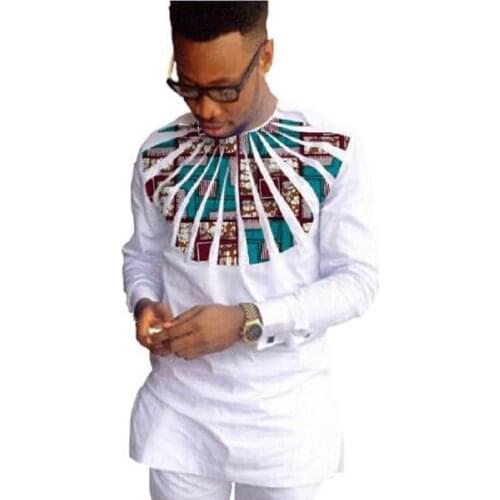 African clothing mens shirt O-neck Ankara white with print tops patchwork customized wear male dashiki shirt for wedding