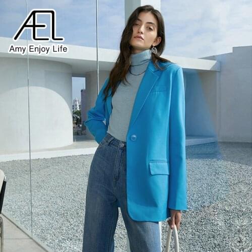 AEL Blazer Jacket Women Spring Casual Long Sleeve Loose Outwear Office Lady Blue Fashion Streetwear