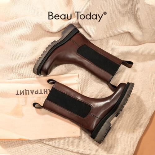 BeauToday Platform Chelsea Boots Women Calfskin Leather Mid-Calf Round Toe Transparent Sole Fashion Ladies Shoes Handmade 02326