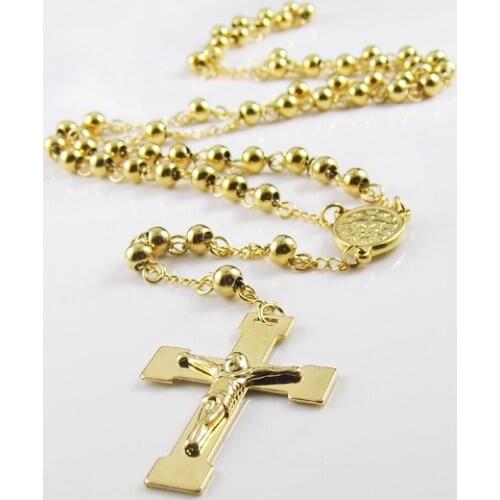 High Quality Fashion Men Women Jesus Cross Necklace Charms Gold Stainless Steel Ball Chain Rosary Beads Pendant Necklace Jewelry