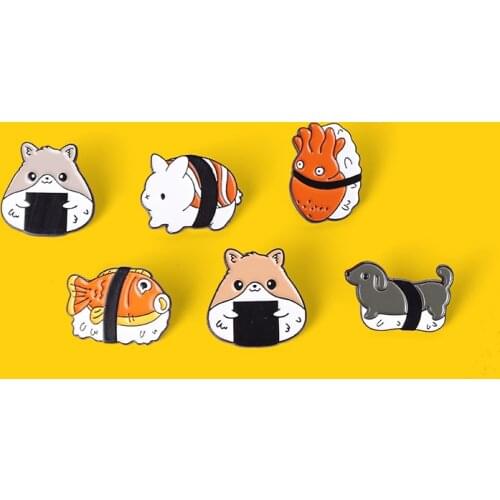 Cute Animal Enamel Pin Rice Balls Dog Fish Rabbit Brooches Decoration on Hat Backpack Clothes Badge Gift for Women Men Custom