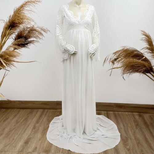 Photo Shoot Chiffon Robe Long Sleeves Embroidery Maternity Dresses Evening Party White Costume for Women Photography Accessories