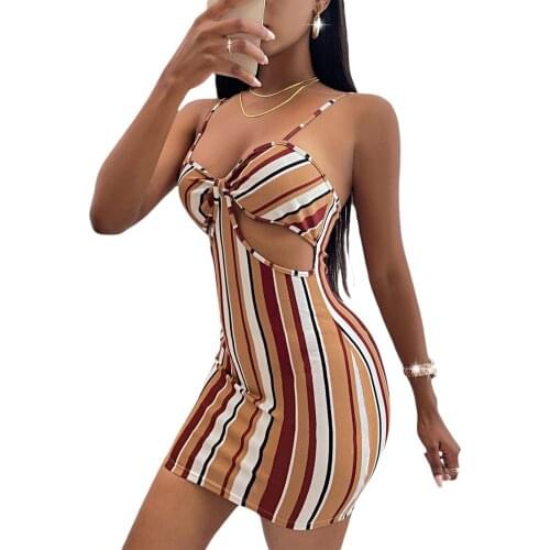 Hirigin New Women Camisole Dress with Sleeveless Vertical Stripes Print Sexy Hollow Show Waist Decoration Summer Clothing