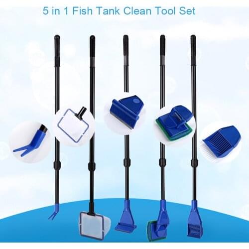 5 in 1 Aquarium Cleaning Tools Aquarium Tank Clean Set Fish Net Gravel Rake Algae Scraper Fork Sponge Brush Glass Cleaner