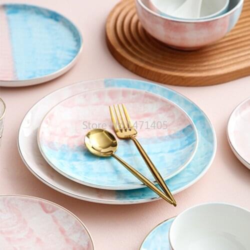 European Style Light Luxury Hand-painted Phnom Penh Ceramic Tableware Creative Rainbow Western Dinner Plate Household Set