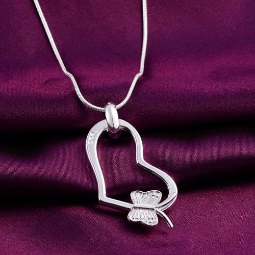 Hot sale silver color heart shaped butterfly pendant necklace fashion cute party gift jewelry for women chain length 16-24inches