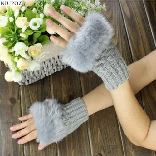 Lovely Fashion Winter Knitted Faux Rabbit Fur Fingerless Knitted Gloves Women Wrist Soft Warm Mitten Free Shipping G11