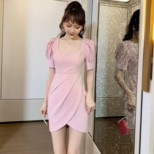 Fashion Korean Vintage Puff Sleeve Midi Party Club Dress Ladies Elegant Square Collar Folds Sweet Pink Asymmetrical Beach Dress