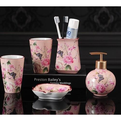 Bathroom Set Ceramic Liquid Soap Dispenser/Dish Toothbrush Holder Gargle Cups 5 Piece Wedding Gifts Birthday Present New Arrival