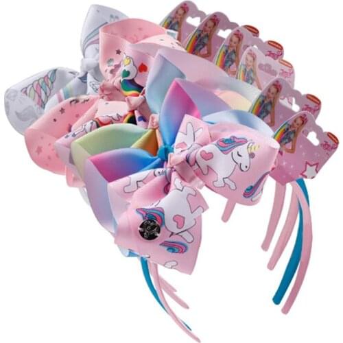 New Kids Girl Cartoon Hair Bow Headband Boutique Rainbow Printed Handmade Ribbon