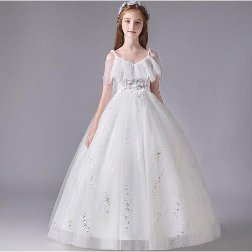 Flower Girl Dresses Princess Spaghetti Straps Appliques Sequined Pearls Embroidery Tulle Ball Gown V-Neck Kids Party Skirt H127