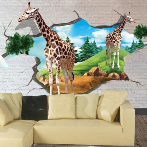 Custom Wall Mural Wallpaper 3D Stereoscopic Giraffe Brick Wall Childrens Room Wallpaper Photography Background Photo Wallpaper