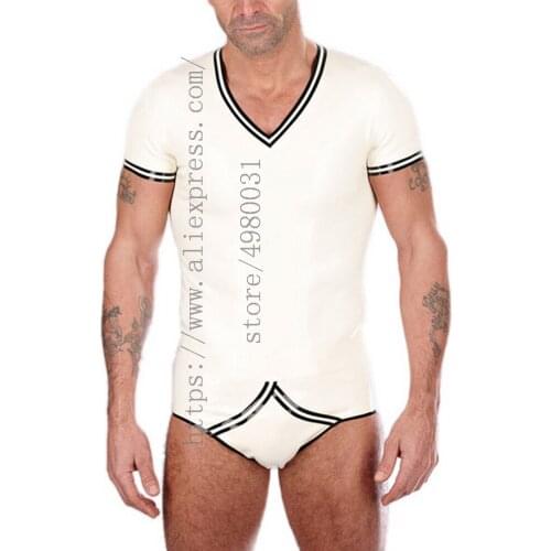 Casual mens clothing sets including summer t-shirt and briefts made of 0.4mm thickness natural latex materials