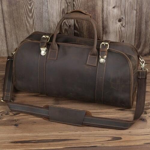 Luxury Pure Handmade Crazy Horse Leather Hasp Mens Travel Bags Vintage Perfect Quality Genuine Leather Big Duffle Bag