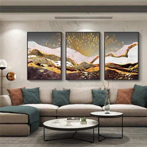 Modern Abstract Mountain Landscape Canvas Painting Golden Line Fish Wall Art Posters And Prints Nordic Living Room Home Decor