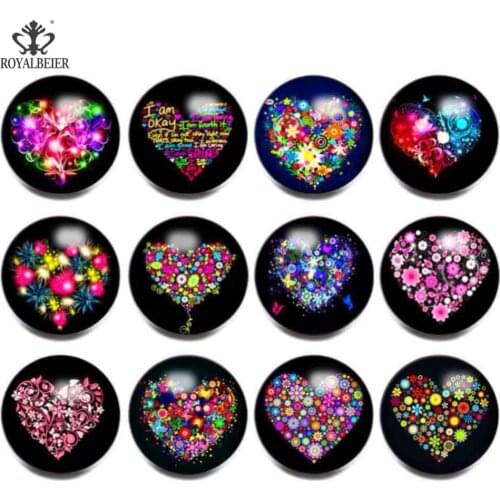Royalbeier 12pcs/lot Colorful Heart Shape 18mm Snap Button Mix Style Glass Beads Bijuterias Charm Jewelry For Women Bracelets