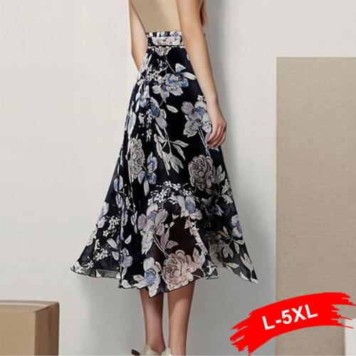 Plus Size Women Vintage Floral Print Ankle Length A Line Chiffon Skirt 3Xl 5Xl Bow Tie Casual Female Stylish Chic Skirts Mujer