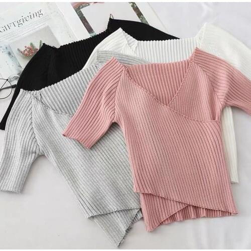 New Arrival Summer Slim Short Type Shirt Cross Design Women V Neck Short Sleeve Knitwear Tops