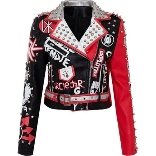 Punk Style DJ Costume Faux Leather Jacket Women Foosters Pattern Rivet High Waist Motor Jackets
