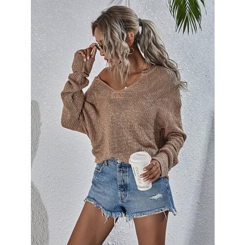 New autumn and winter European and American V-neck temperament commuter knit loose solid color ins fashion pullover sweater wome