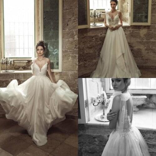 2020 Gogerous A Line Wedding Dresses Spaghetti Bow Beads Appliques Tiers Chiffon Wedding Gowns Sweep Train Vestidos De Novia