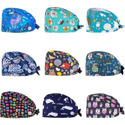 2021 New Print Nursing Cap Adjustable Scrub Caps Cotton Working Accessories Dentist Clinic Beauty Salon Surgicals Hat Unisex