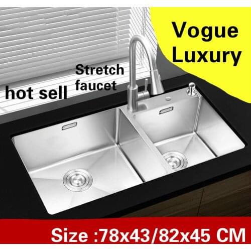 Free shipping Apartment luxury kitchen manual sink double groove stretch faucet 304 stainless steel hot sell 78x43/82x45 CM