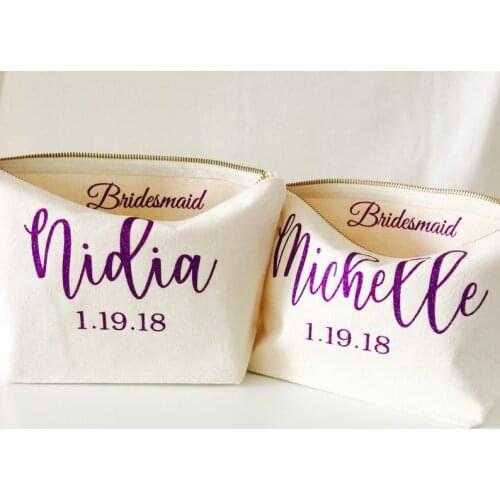 Personalize glitter name text Bridesmaid makeup bag, wedding gift bags, mother of groom bag, Step mom bags