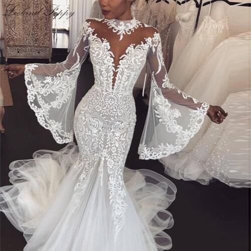 Lceland Poppy Mermaid Wedding Dresses 2020 Flare Sleeveles Lace Appliques Bridal Gowns Floor Length Vestido de Noiva