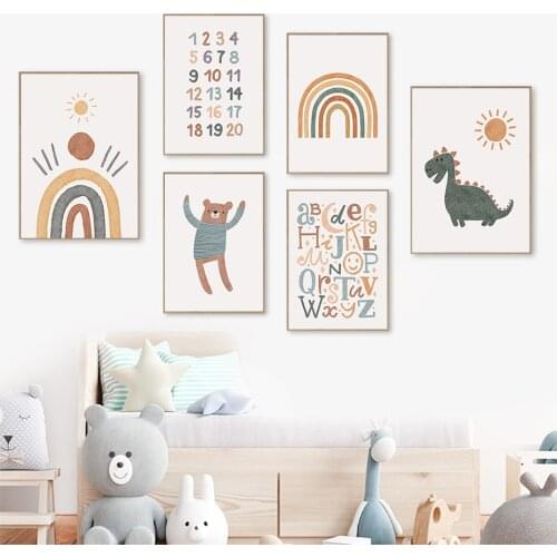 Cartoon Rainbow Bear Dinosaur Modern Nursery Posters Children Canvas Painting Wall Art Print Picture for Kids Room Home Decor