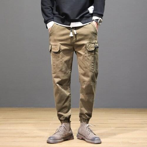 8619 Autumn Cargo Pants For Men Casual Multi-Pocket Khaki Small Feet Slim-Fit Fashion Outdoor Hiking Sport Handsome Trousers