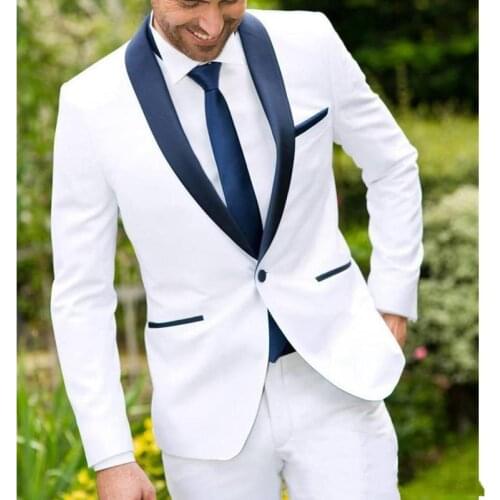 2019 Classic White Navy Lapel Mens Wedding Tuxedos Prom Suits Men Custom Made Casual Business Handsome Suits Ternos Para