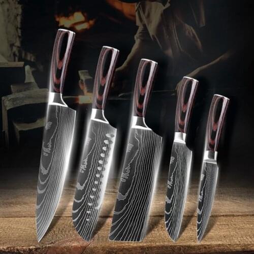 Kitchen Knife Set 5PCS Damascus Pattern Stainless Steel High Quality Sharp Japanese Chef Cleaver Meat Wood Handle Cooking Knives