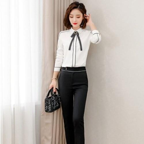 New 2020 Women White Blouses & Shirts with Necktie Long Sleeve Ladies 2 Piece Pant and Top Sets