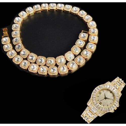 2pcs Kit Prong 12.5MM Micro Pave Cubic Zircon Alloy Hip Hop Tennis Chain Necklace +Watch+Bracelet Bling For Men Women Jewelry