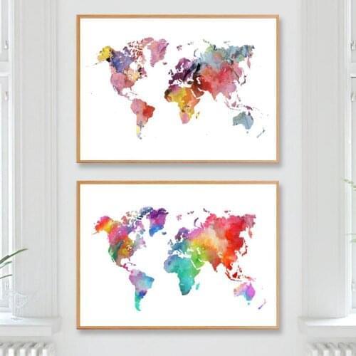 Rainbow World Map Poster Print Wanderlust Travel Gift Colorful Watercolor Art Canvas Painting Wall Picture for Living Room Decor