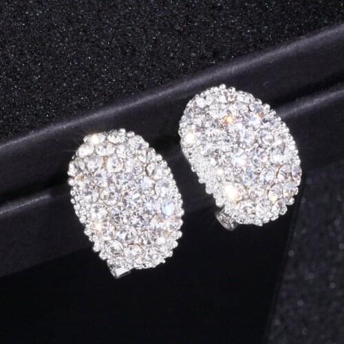 Luxury Oval Shape Crystal Stud Earrings Silver Plated Wedding Jewelry White Full Zircon Stone Earrings For Women