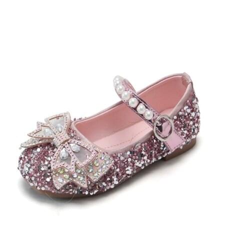 Girls princess shoes Korean version 2021 spring autumn new bow single shoes flash Diamond Mary Janes Shoes Girls crystal shoes