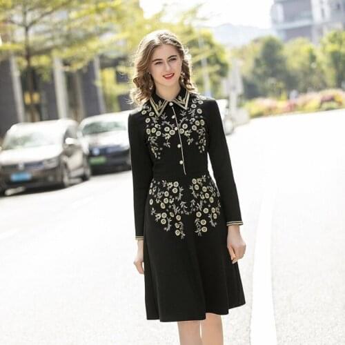 High 2021 new quality spring summer flowers Shirt Dress Vintage Embroidery work dress black Women Clothing Sweet Party dresses