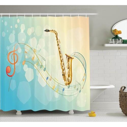 Jazz Music Shower Curtain Colorful Musical Notes Vibes from Saxophone Alluring Illustration Art Print Wall Decoration Curtains