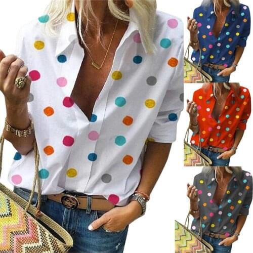 2021 Summer Polka Dot Printing Blouse Women Fashion Casual Turn Down Collar Long Sleeve Shirts Female V-Neck Streetwear