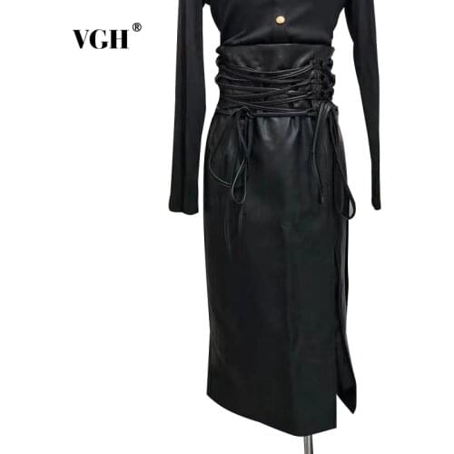 VGH Casual Black Lace Up PU Leather Bodycon Long Skirts Females Korean Fashion High-waisted Midi Skirt For Women 2021 Summer New