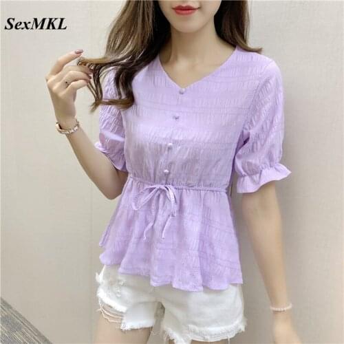 Women Summer Puff Sleeve Chiffon Blouses 2021 Korean Fashion Slim Corset Purple Top Clothes Sexy V Neck French y2k Blusa Mujer