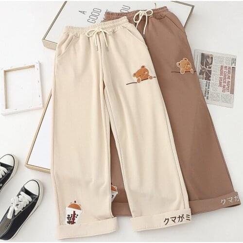 Casual Oversize Wide Leg Elastic Waist Full Length Women Pants Japanese Fashion Lovely Bear Embroidered Soft Girls Loose Pant